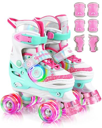 Sportneer Rollschuhe Kinder, Rollschuhe mit Seitliche Leuchtlichter und 6pcs Schutzausrüstung Rollschuhe 4 Größen Verstellbar für Mädchen, Kinder, Jugendliche, Anfänger, Drinnen und Draußen