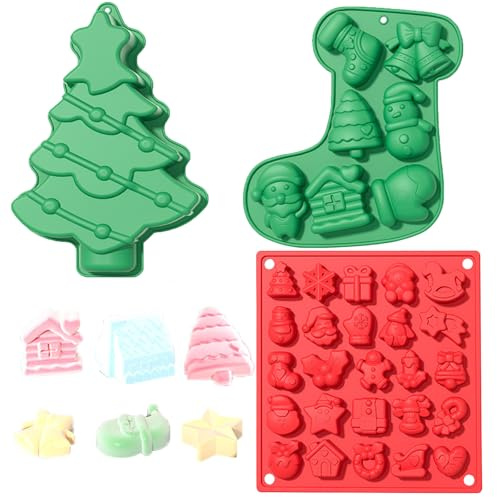 Pack de 3 moules à chocolat de Noël en silicone, moule silicone noel moule de cuisson en silicone 33 cavités de Noël, pour réaliser des muffins des gâteaux des puddings du chocolat