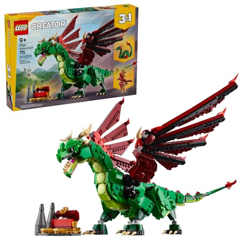 LEGO Creator 3 in 1 Medieval Dragon Toy - Building Toy with 3 Build Options, Dragon, Sea Serpent, or Phoenix - Fantasy Set for Kids, Boys and Girls, Ages 9+ - Gift Idea for Birthdays - 31161