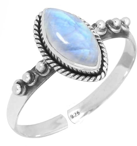 Bague ajustable Jeweloporium en argent sterling 925 avec pierre de lune blanche, bijou fait main en véritable pierre précieuse marquise.