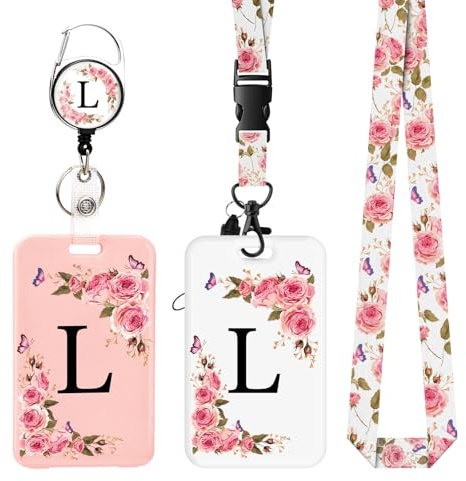 2 Pack A-Z Buchstaben Ausweishalter mit abnehmbarem Umhängeband und einziehbarem Clip, ID Card Holder personalisierte Kartenhalter mit Ausweisklemmen. (L)