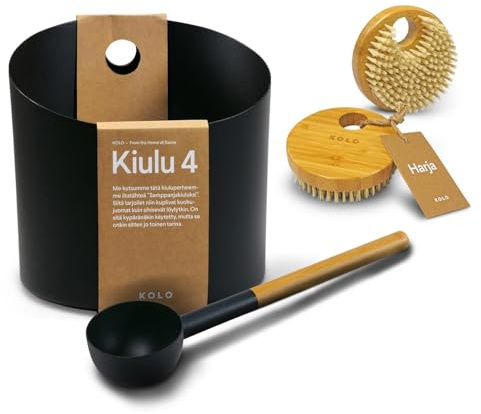 KOLO Sauna Set Kiulu 4 - Kübel 5 l + Aufgusskelle 300 ml + 2x Handbürste - Schwarzes Aluminium - Bambusgriff - 2-teiliges Premium-Set für Aufgüsse und authentische finnische Saunakultur