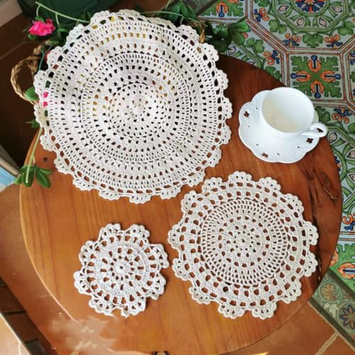 2 Stück Spitzendeckchen,Häkeldeckchen Handgefertigt Gehäkelt Runde Tischsets Baumwolle Placemat Spitze Deckchen,Stickerei Tisch Tischset Untersetzer Blume Matte für Hochzeit Geburtstag,Beige 33–35 cm