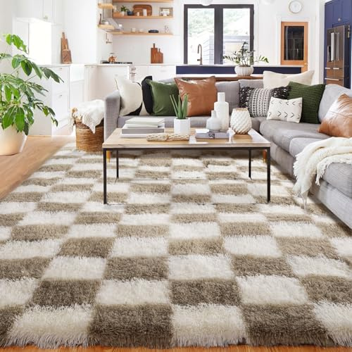 BYBSRLL Kariert Teppiche, 180x270cm Beige und Weiß Flauschig Wohnzimmer Teppich, Hochflor Groß Waschbar Schlafzimmer Deko Mädchen Jungen Jugendzimmer Kinderteppich Bettvorleger
