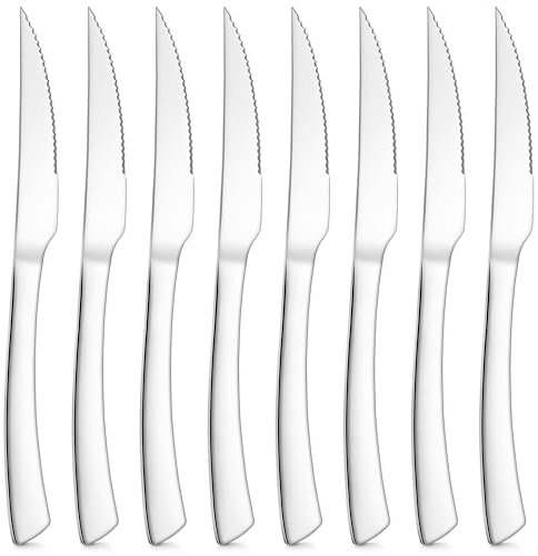 Joyfair Steak Knives Set of 8, Stainless Steel Serrated Steak Knife Set, Sharp Dinner Table Utensils with Ergonomic Handle Ideal for Cutting Chicken/Fruit/Bread, Rust Free & Easy Clean, 23cm