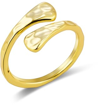 ALEXCRAFT 14K Vergoldet Gehämmerte Silber 925 Ringe für Damen Frauen Herren | Sterling Silber 925 Ringe Einfacher Verstellbare Offen Ring Breit Hammered Gehämmerte Träne Wassertropfen Umarmen Daumen Ring