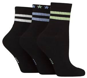 ELLE Women's Half Cushion Socks - Soft Breathable Bamboo Material for Sports, Anklet, Plain with Stripes, Size 4-8, Pack of 3 (UK, Numeric, 4, 8, Black/Forager)