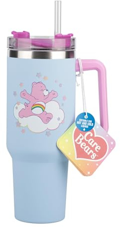 Paladone, Tazza termica blu degli orsetti del cuore da 1,2 L con cannuccia, con licenza ufficiale, con manico, per acqua, tè freddo, caffè, grazioso articolo della cultura pop da collezione per i fan
