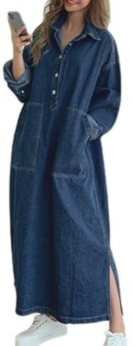 LIUYUYOUGO Vestiti Estivi Donna Maxi Abiti in Denim per Donna Manica Lunga Giacca Lunga Classica in Jeans Taglie Forti Abiti in Denim Larghi con Bottoni Blu Abito Caftano alla Moda con Spacchi Later