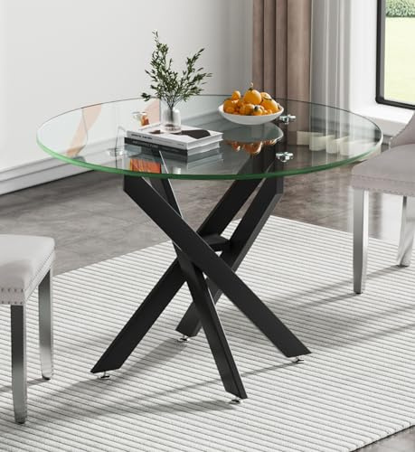36 Round Dining Table for 4, Modern Clear Glass Kitchen Table for 4 with Black X Metal Legs, Contemporary Small Circle Dining Room Leisure Tables for Kitchen Apartment