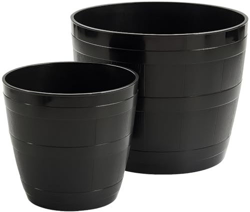 RANRHA Black Barrel Style Plastic Planters -Garden Flower Pots with Drainage Holes – 30cm Medium 50cm Large Decorative Outdoor & Indoor Plant Containers – Weather Resistant, Lightweight (34cm)