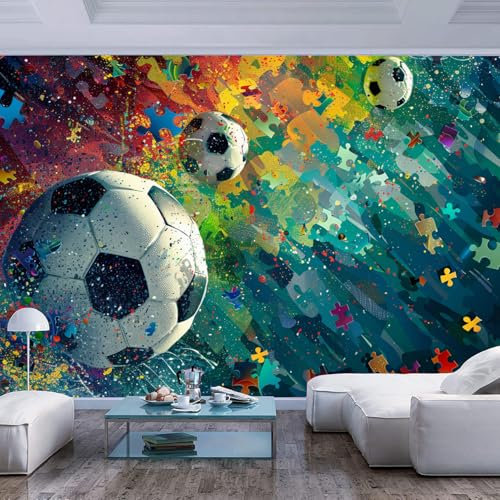 JIAOQSS Peel and Stick Giant Photo Wallpaper 3D Wall Mural Watercolor Colorful Sports Football Pattern Border Image Adults Wear Resistant Covering Decorative Teen Dorm Modern Classroom Decaoration