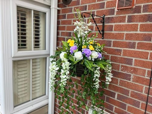 clicktostyle Artificial Lilac & Cream Mix Flower Hanging Basket Garden Outdoor Decoration Extra Large Size Vibrant Colours