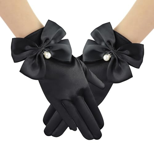 Feelorna Kurze Satin-Handschuhe für Damen, Handgelenklänge, Satin, Hochzeit, Brauthandschuhe, 1920er Jahre, eleganter kurzer Handschuh für Hochzeit, Oper, Gedicht, Abend, Teeparty, Schwarz