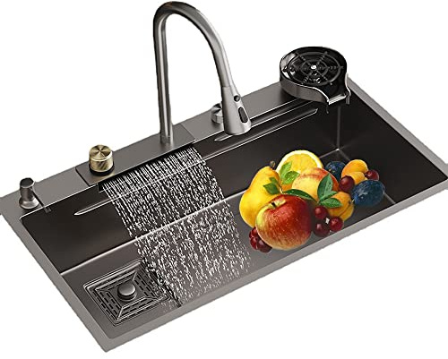 Professional 304 Stainless Steel Kitchen Sink1 Bowl MultiFunctional Laundry Sink with Retractable Tap & Raindance Waterfall DesignModern Glass Washbasin