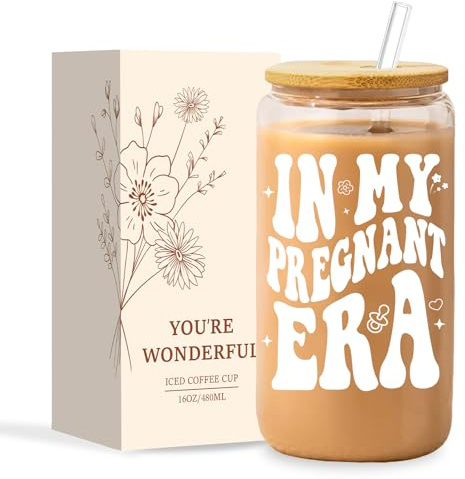 NOOMII Pregnancy Gifts for Women - 16oz in My Pregnant Era Iced Coffee Glass Cup with Bamboo Lid & Straw - Unique Present for Expecting Mums, Bestie, Sister, Pregnant Wife