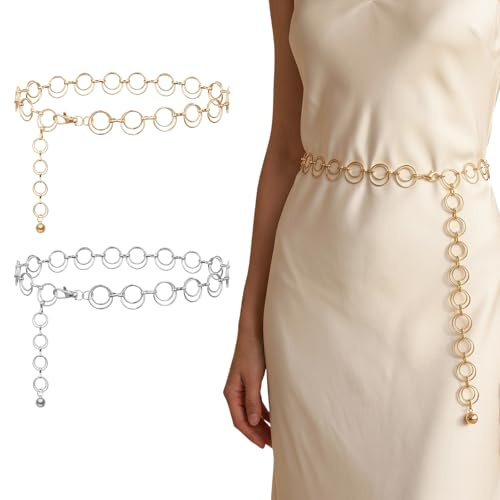 2 Stück Verstellbare Kettengürtel, 105cm Mode Kettengürtel Taillenkette, O-Ring Ketten Gürtel, Taillenkette aus Metall für Damen, Gold und Silber Gürtelkette, Taillengürtel für Mädchen Kleid Jeans