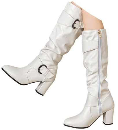 Xbemkste stövlar dam med blockklack läderstövlar slouchy stövlar bältesspänne dragkedja på sidan krusiga höga stövlar eleganta långa stövlar knähöga stövlar, Vit, 38.5 EU