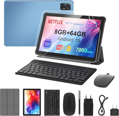 Tablet 10 Zoll Android 15: 2025 Neueste 7000mAh Octa-Core 8GB RAM+64GB 1TB TF Tablet PC WiFi 6 2.4G/5G Bluetooth 5.0 1280 * 800 FHD GMS Dual Kamera mit Tastatur Maus, Typ C, Adapter, Hülle, OTG, Stift