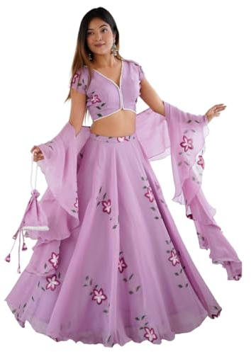 Women's Floral Embroidered Lehenga Choli Set, Purple, 3-Piece with Dupatta, Traditional Indian Ethnic Wear (UK, Alpha, M, Regular, Regular)