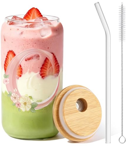 NUTKIT Vaso de Vidrio 500ml con Tapa de Bambú y Pajita de Cristal(C) | Patrón Floral y Letras Decorativas, Taza Reutilizable para Café, Té y Batidos, Regalo Original para Familia y Amigos