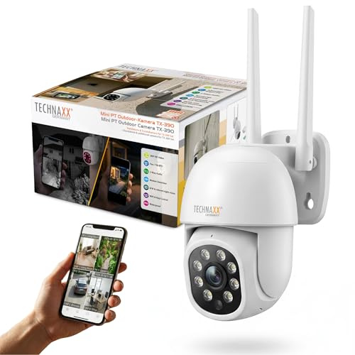 Technaxx Mini PT Telecamera Esterno – Telecamera WiFi 3MP 2K IP65 – 355° Pan 90° Tilt – Auto Tracking – Visione Notturna Colore & IR – WiFi 2.4 & 5GHz – Audio Bidirezionale – MicroSD 128GB - TX-390