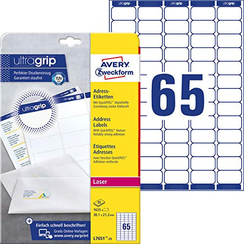 AVERY Specialform L7651-25 adressetiketter/adressetiketter (A4, med ultragrip (38,1 x 21,2 mm, 25 ark, tryckt, självhäftande, 1,625 etiketter, idealiska som avsändaretiketter) vit