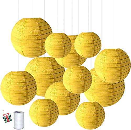 Treer Papier Laterne rund Lampenschirm, 12pcs Verschiedene Größen Lampions Papierlaterne Hochtzeit Weihnachten Festival Party Dekoration (Gelb)