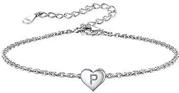 Silvora S925 Sterling Silver Bracelet for Women Heart Initial Letter P Adjustable Love Jewellery Gift for Girls Sisters Friends Mum Daughter Birthday with Gift Box