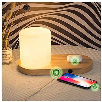 Lámpara de Mesa con Cargador Inalámbrico y Carga USB Madera LED Lámparas de Mesita de Noche Elegante Luz de Nocturna para Dormitorio Sala De Estar Mesa De Café Librería