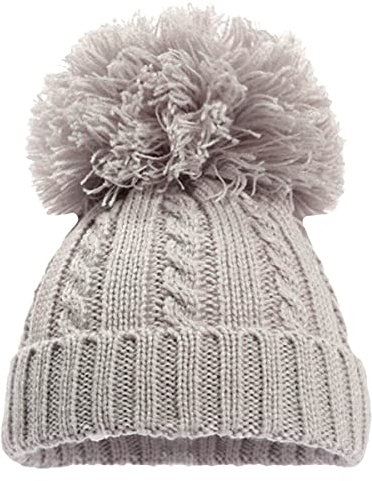 Babymütze Jungen Mädchen Gestrickte Zopfmuster Strick Winter Pom Pom Mützen Grau 0-12M