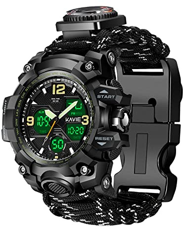 Montre de survie numérique militaire 23 en 1 pour homme, tactique, multifonction et réglable, étanche, double cadran avec boussole et bracelet en paracorde, Noir réfléchissant, Numérique