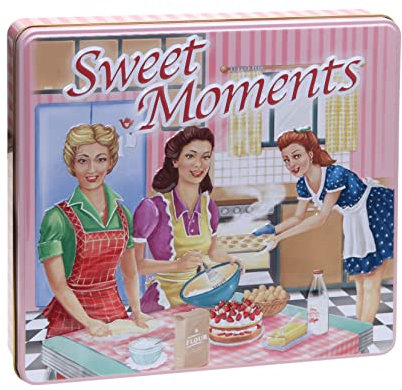 POWERHAUS24 Retro nostalgische Blechdose Sweet Moments in klassischer Form, Geschenk, Aufbewahrung, Deko, lebensmittelecht, ca. 23 cm x 21,5 cm, 2 Rezepte inklusive
