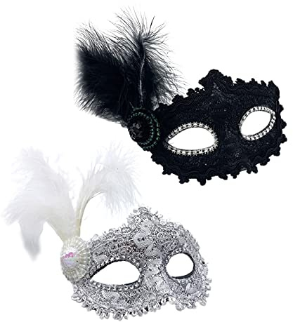 TSHAOUN 2-delad venetiansk mask med fjäder – maskeradmask för kvinnor för halloween, karneval, Mardi Gras och maskeraddräkt (svart och vit)