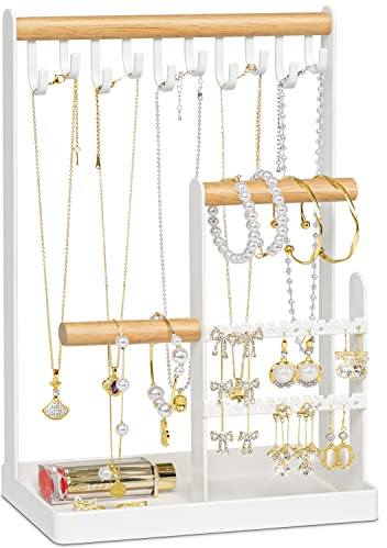 metwoods Jewellery Organiser Stand-4 Tier Earring Organiser Necklace Holder, Jewellery Display Stand Holder with Metal Storage Tray, for Necklace Bracelet Rings Watches, Gifts for Women Girls (White)