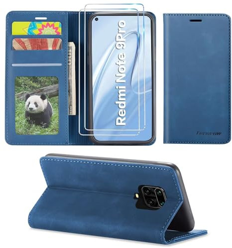 SLWYF Funda para Xiaomi Redmi Note 9S/9 Pro/9 Pro MAX, con Protector de Pantalla, Soporte Plegable Tapa Flip de PU Ranuras Tarjetas Magnético Protección, Protección de Cuero Premium, Azul