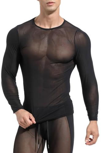 Män som ser igenom långärmad transparent mesh-tröja sexig genomskinlig klubbkläder toppar, svart, XL