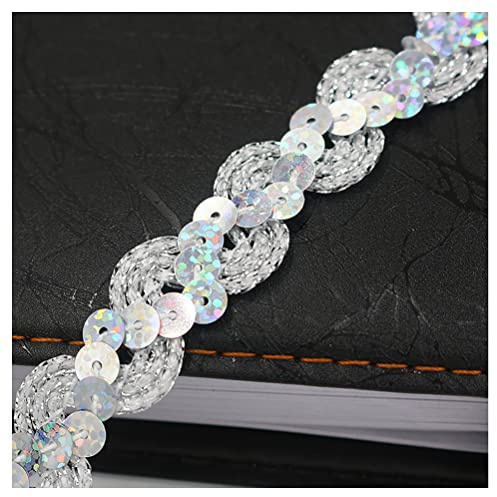 Egurs Paillettenband 15M×15mm Pailletten Bänder Glitzer Geflochten Paillettenborte Paillettenbesatz Bortenband Dekoband Bling Stoff Ribbon für Nähen Kleid DIY Handwerk Bastelprojekte Glitzer Silber