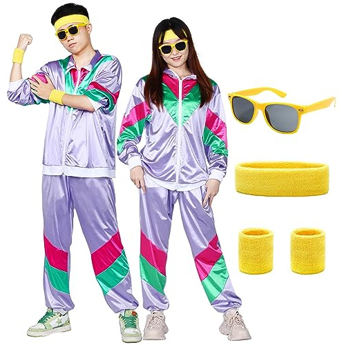 Ficlwigkis 80er 90er jahre Outfit Herren Damen 6-teiliges Lila Kostüm 80er jahre Kleidung Trainingsanzug Herren mit Stirnband Armbänder Brille für Karneval Fasching Kostüm (Lila, XL)