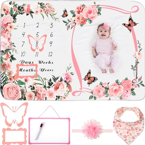 Chumia 6 Pcs Baby Monthly Milestone Blanket for Girl 60 x 40 Butterfly Milestone Blanket Age Photo Photography Backdrop with Newborn Calendar Growth Chart Bib Headband(Pink,Cute Pattern)