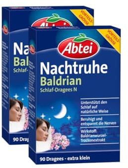 Abtei Nachtruhe Baldrian Schlaf-Dragees N - pflanzliches Arzneimittel für erholsamen und gesunden Schlaf sowie bei nervlicher Belastung - ohne Gewöhnungseffekt - 1 x 90 Dragees (Packung mit 2)