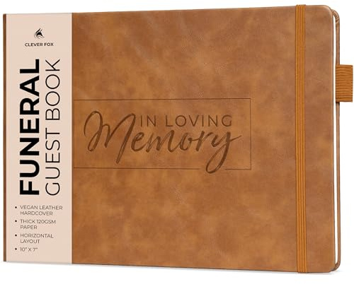 Clever Fox Funeral Guest Book for Memorial Services – in Loving Memory Guest Sign in Book for Funeral Service, Hardcover 10x7” (Brown)