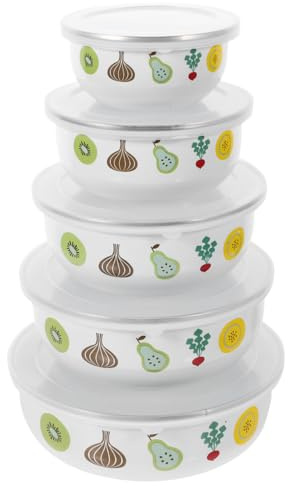 BESTonZON 5 Stück Emaille Schüssel Mit Deckel, Emaille Geschirr Set Rührschüssel Set, Zum Frischhalten Von Große -Rühr-Set Für Die Küche Zum Servieren Von Müsli