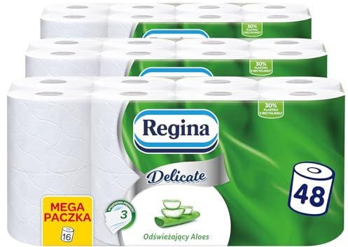 Regina Delicate Aloe Vera Toilettenpapier, 48 Rollen je 150 Blatt, Erfrischendes Aloes, 3-lagig, Weich und Langlebig, Angereichert mit Aloe Vera Lotion, FSC-Zertifikat, NIZP-PZH geprüft