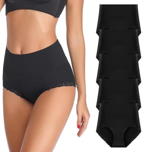Yintry Mutandine da Donna a Vita Alta con Pizzo Slip Elasticizzati Morbidi e Traspiranti Biancheria Intima a Copertura Totale Controllo della Pancia Mutandine di Cotone Confezione da 5