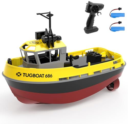 tech rc 1:72 Ferngesteuertes Boot mit 2 Akku(3.7V 600mAh), 2.4Ghz Rc Boot 10km/h 40Mins Laufzeit, Tugboat mit dekorativen Teilen für Kinder für Schwimmbäder und Seen (Gelb)
