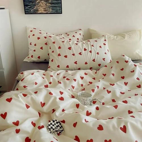 AShanlan Bettwäsche 200x200 cm 3teilig Herzen Rot Weiß Bettbezug Weiss mit Rote Herzchen Microfaser Bettwäsche-Sets und 2 Kissenbezug 80x80 cm mit Reißverschluss