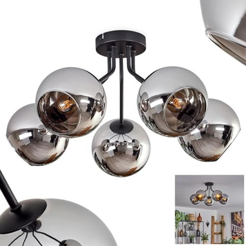 Deckenleuchte Koyoto, Deckenlampe aus Metall/Glas in Schwarz/Chrom/Rauch, moderne Leuchte im Retro/Vintage-Design mit Schirmen aus Glas, Ø 15 cm, 5 x E14, Schlafzimmer, Wohnzimmer, Küche, Esszimmer