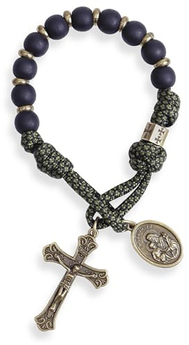 Nazareth Store Rosenkranz aus Antik-Bronze, ein Jahrzehnt, schwarze matte Perlen, grünes Paracord-Rosenkranz-Armband, handgefertigt, katholisches, reisefreundliches Gebet
