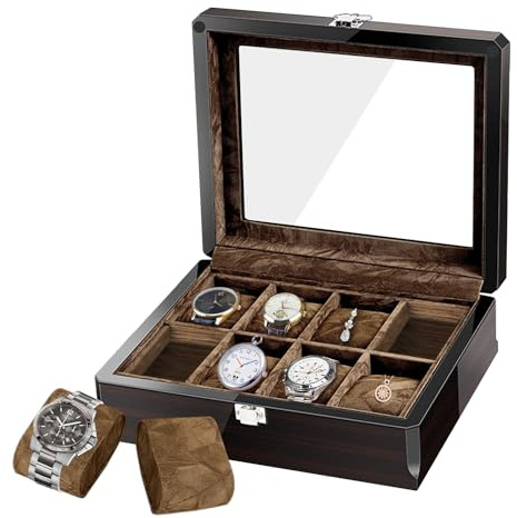 RichLuck Boîte à montres avec 8 compartiments, Organisateur de montres en bois massif avec grand couvercle en verre, Boîte à montres noyer classique pour homme, Boîte de présentation de montres avec
